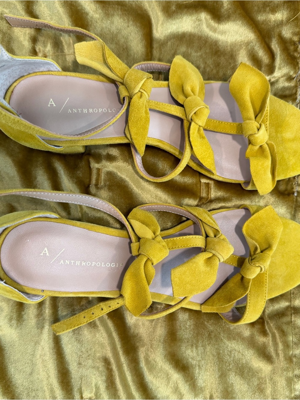 Anthropologie Mustard Yellow Suede Bow Strappy Sandals